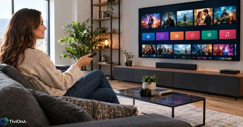 Essai IPTV gratuit sur Smart TV dans un salon moderne, interface de contenu visible à l'écran