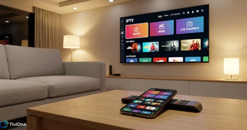 Lecteur IPTV iPhone connecté en AirPlay sur un grand écran TV