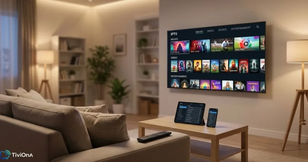 Expérience utilisateur IPTV sur Smart TV et multi-appareils dans un salon moderne