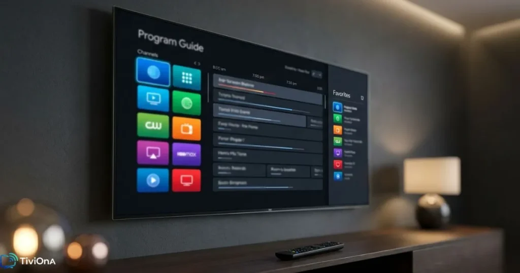 Interface d'une application IPTV Android TV affichée sur grand écran dans un salon