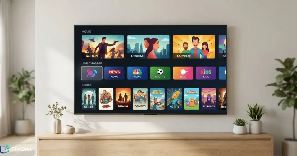 Exemple de couverture IPTV avec vignettes de chaînes organisées sur une Smart TV