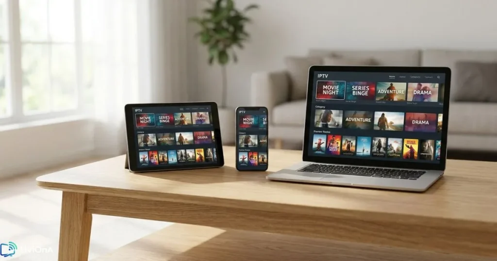 Interface service IPTV moderne affichant des chaînes IPTV sur plusieurs appareils connectés