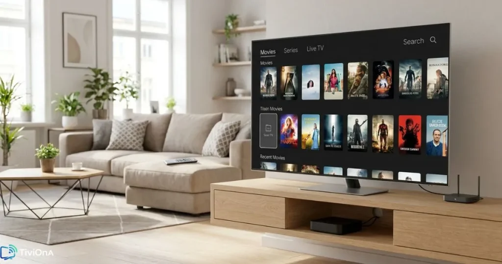 Smart TV, box et routeur dans un salon moderne : la technologie IPTV expliquée simplement