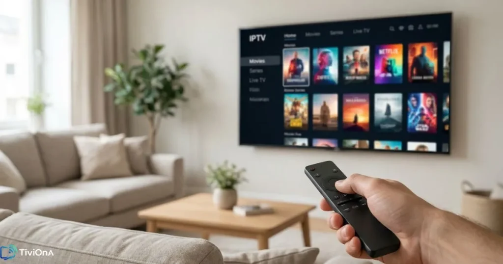 Télécommande en main devant un lecteur IPTV affichant des catégories de films et séries