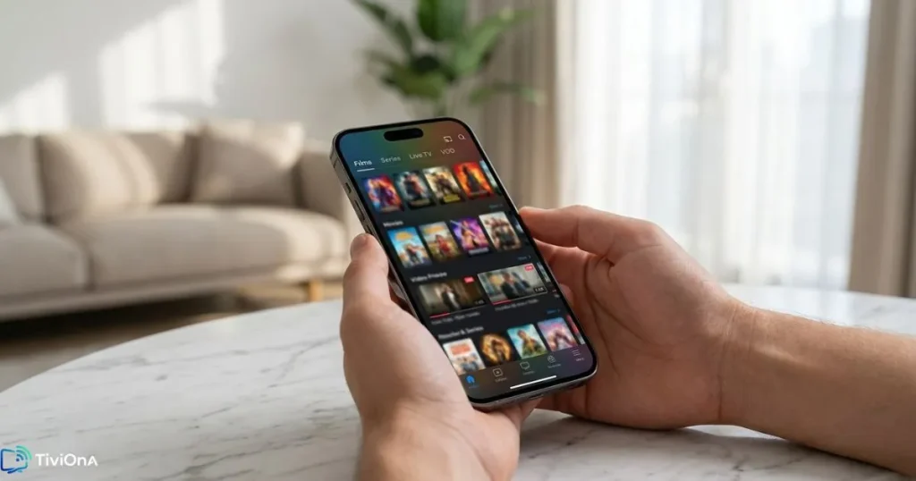 Interface d'une application IPTV iOS sur iPhone avec catalogue de chaînes
