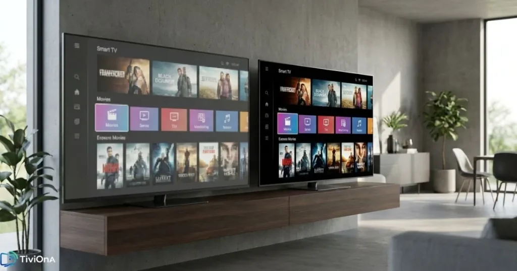 Qualité d'image IPTV comparée sur deux écrans côte à côte dans un environnement moderne