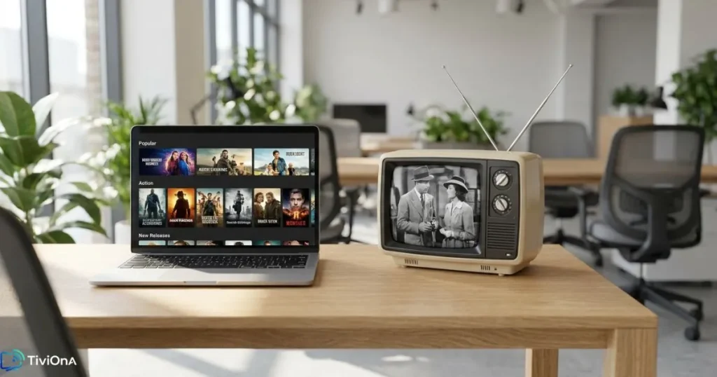 Comparaison entre chaînes IPTV et télévision traditionnelle sur deux écrans côte à côte
