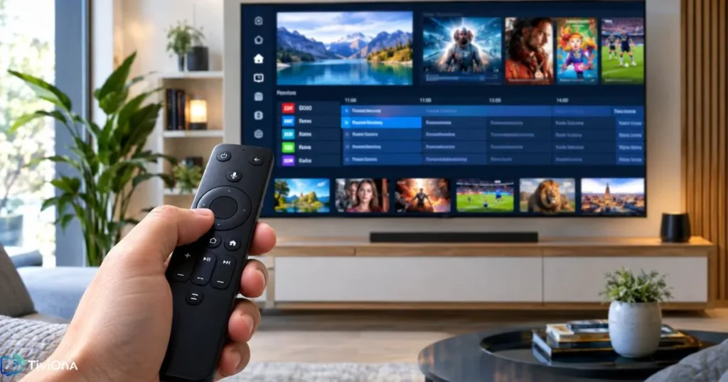 Interface de services IPTV avec guide des programmes affiché sur un téléviseur moderne