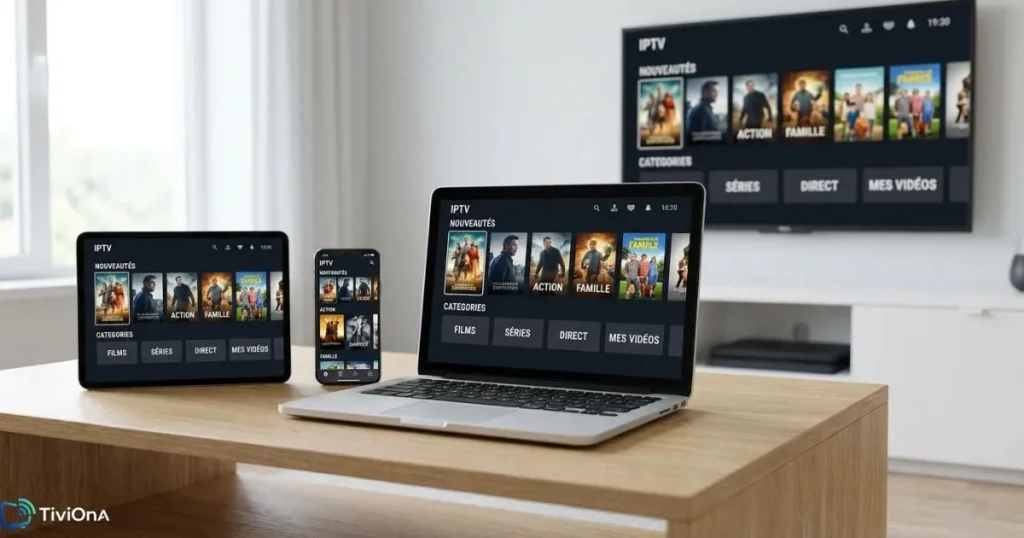 Comparaison de plusieurs appareils affichant le même lecteur IPTV - TV, tablette et smartphone
