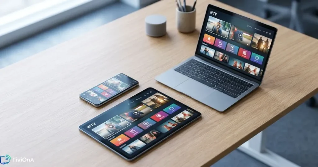 Compatibilité IPTV sur plusieurs appareils - smartphone, tablette et Smart TV affichant la même interface lecteur IPTV