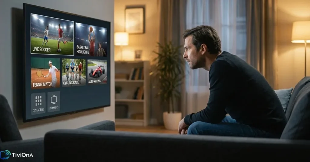 Chaînes sport IPTV affichées sur une Smart TV pendant la retransmission d'un match en direct