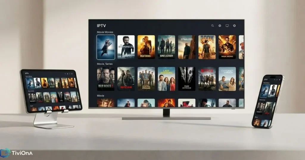 Plusieurs appareils compatibles IPTV côte à côte : Smart TV, tablette et smartphone