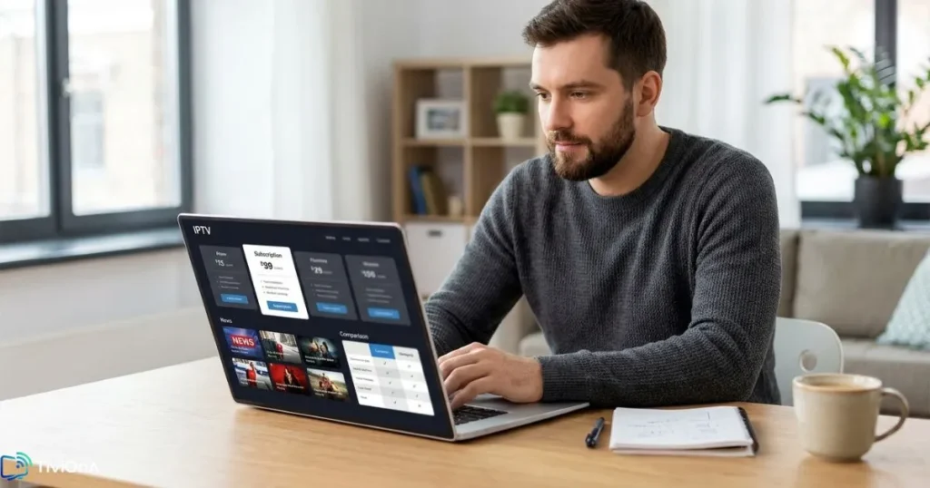 Choisir un abonnement IPTV 2026 - homme comparant des offres sur ordinateur portable