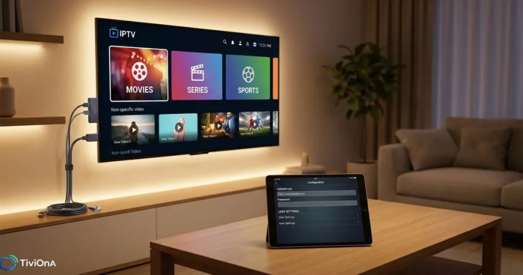 Configuration IPTV sur Amazon Fire Stick connecté à une Smart TV - application IPTV en cours de paramétrage