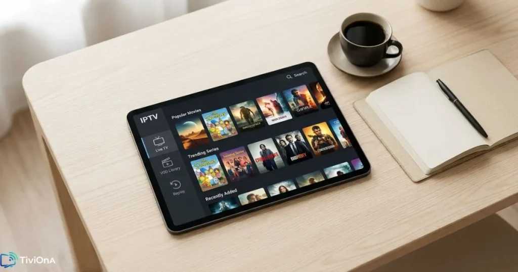 Interface d'une application IPTV gratuite ouverte sur une tablette posée sur un bureau