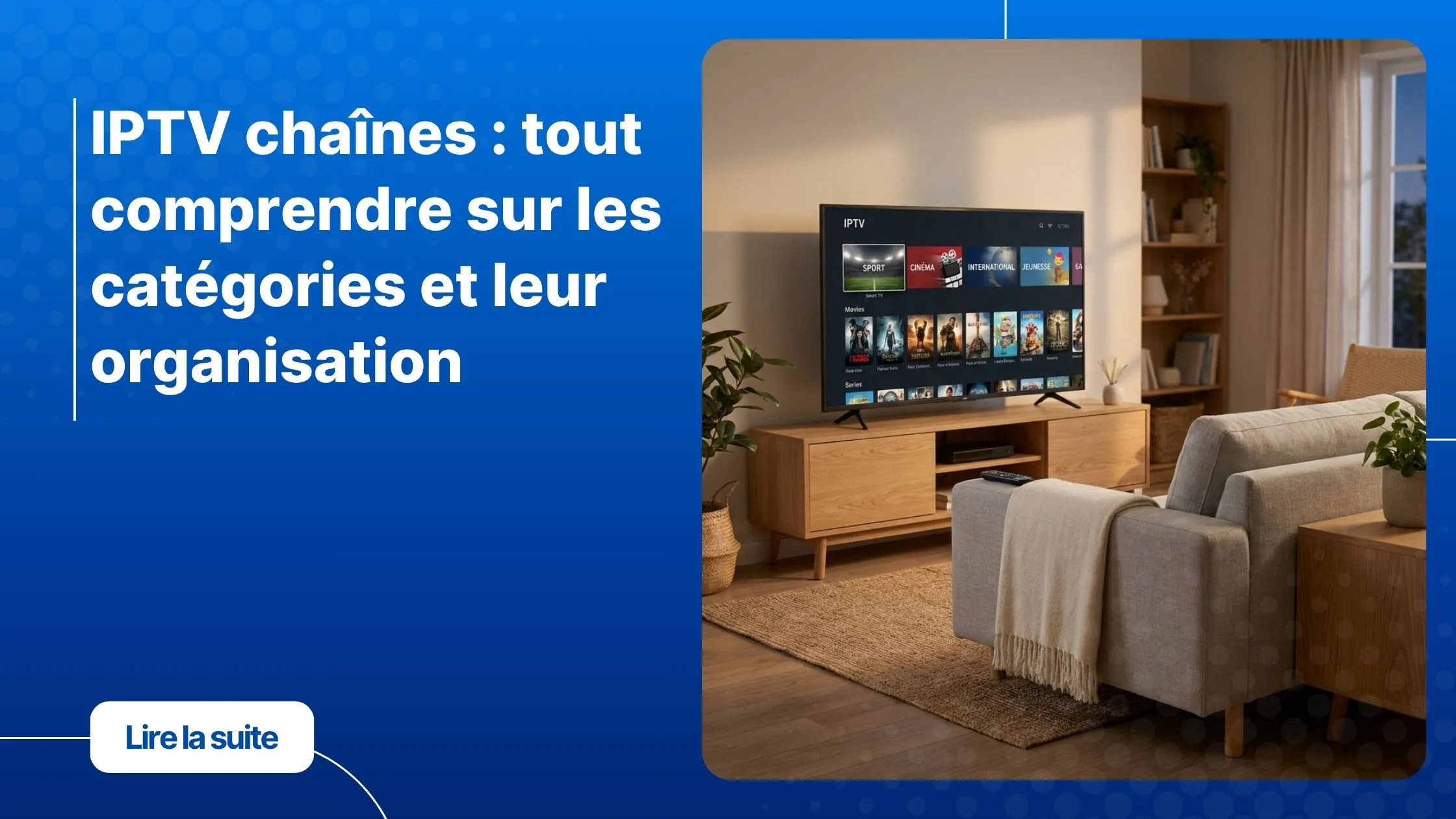 Interface de chaînes IPTV affichée sur une Smart TV moderne dans un salon contemporain
