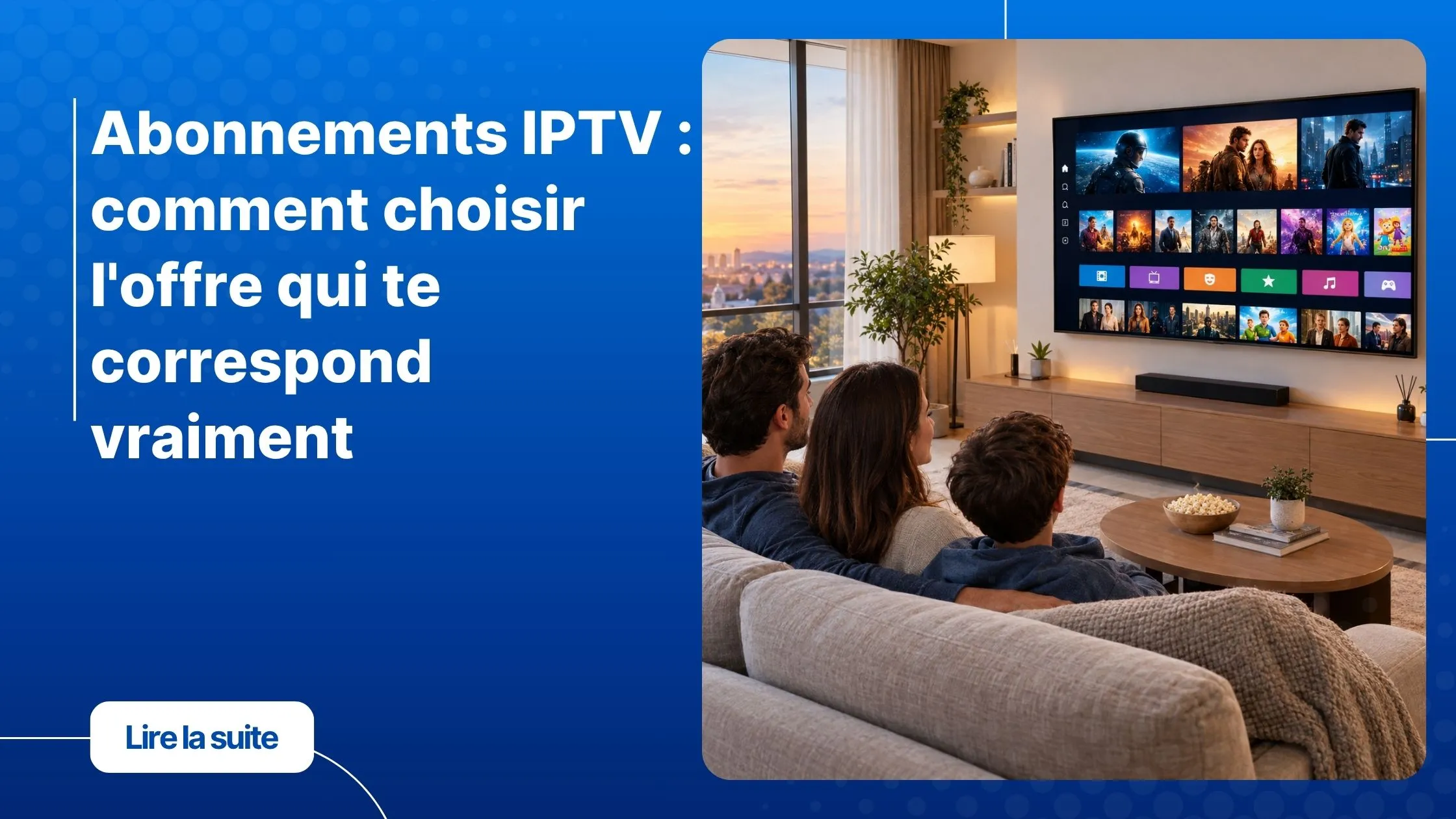 Famille regardant la télévision grâce à des abonnements IPTV sur une Smart TV moderne