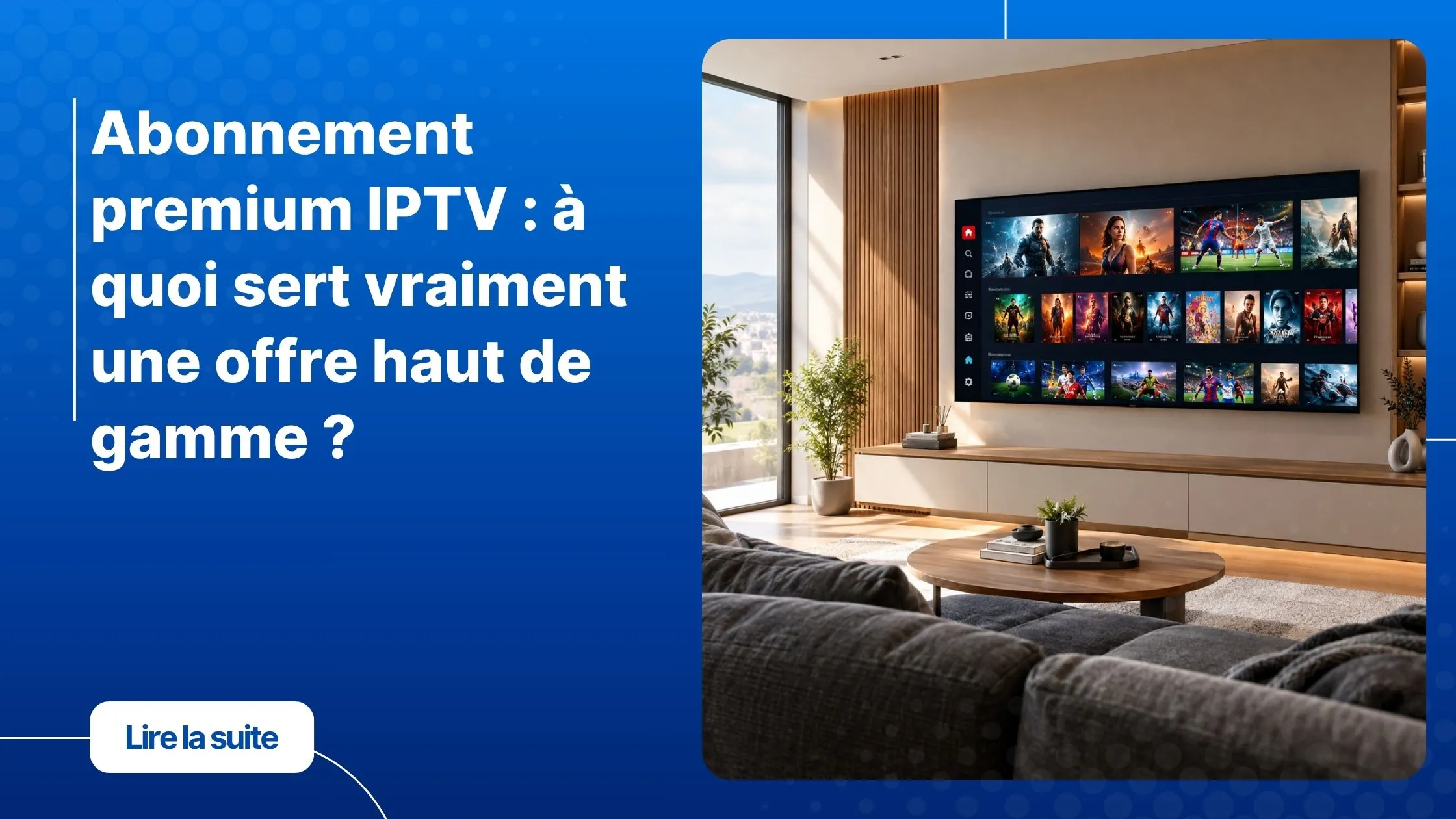 Abonnement premium IPTV sur Smart TV dans un salon moderne