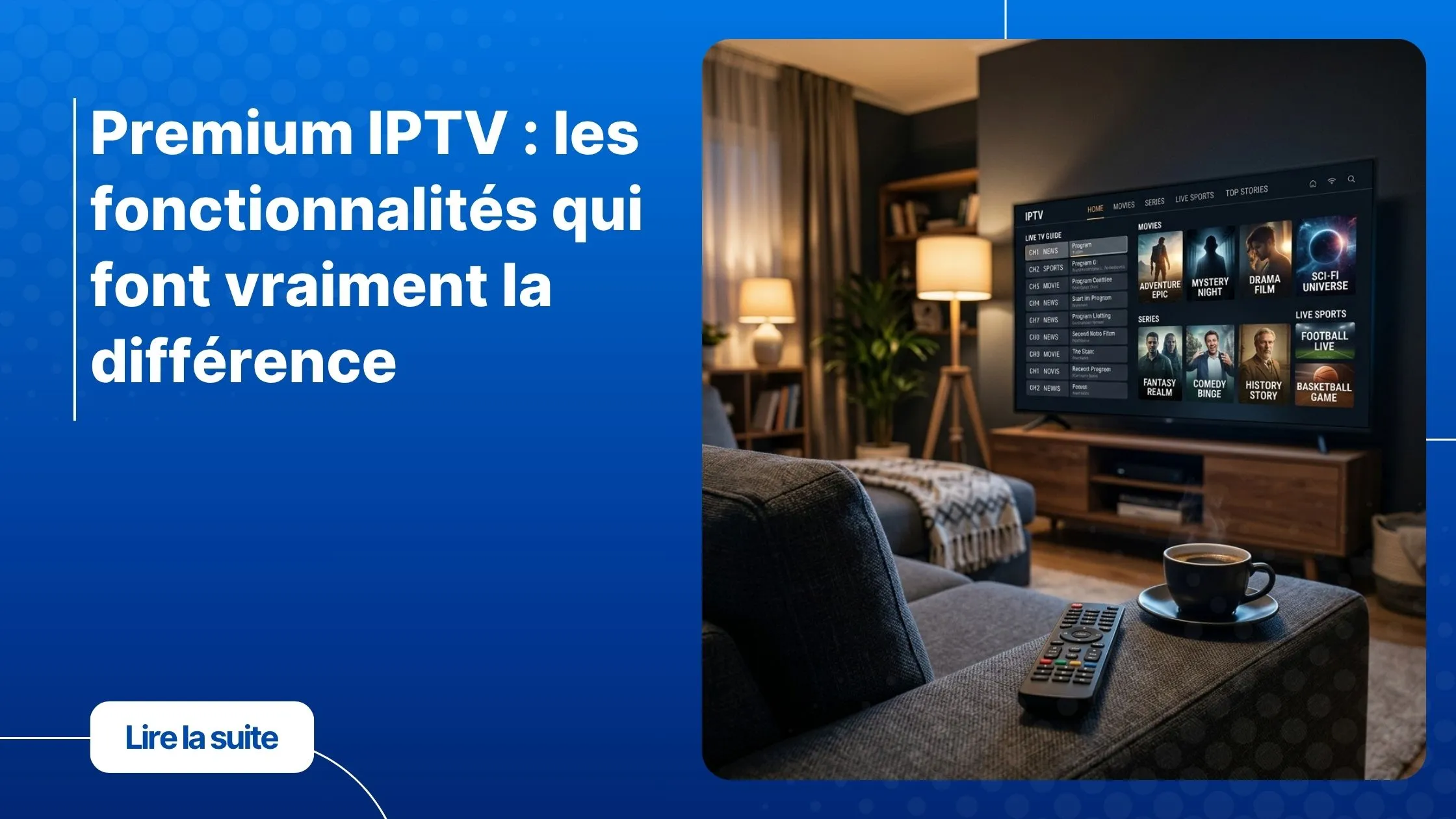 Abonnement premium IPTV sur smart TV dans un salon moderne