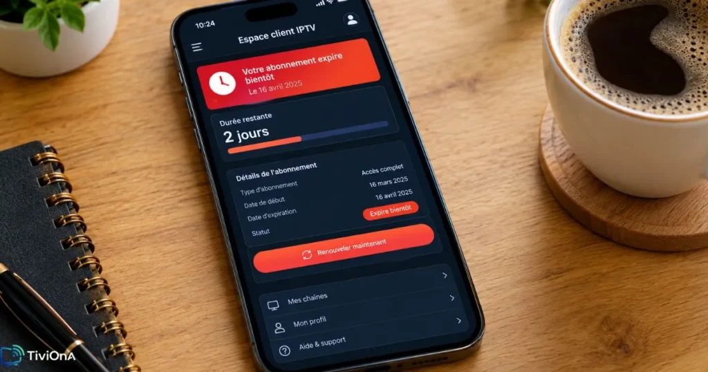 Notification d'expiration d'un abonnement IPTV affichée sur un smartphone moderne