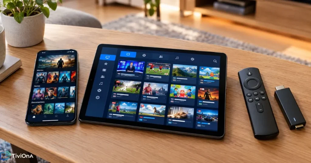 Comparaison IPTV multi-appareils : smartphone, tablette et Smart TV affichant des chaînes françaises IPTV