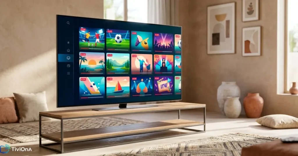 Interface de chaînes marocaines IPTV affichée sur une Smart TV dans un salon moderne