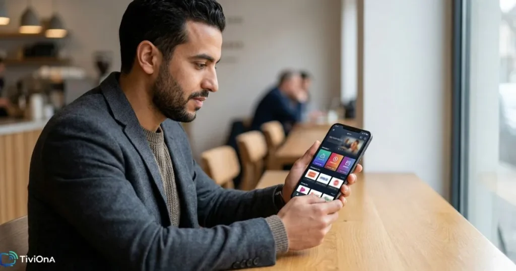 Homme utilisant un service IPTV Maroc sur son smartphone depuis un café moderne