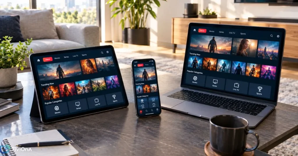 Plusieurs appareils compatibles avec un abonnement IPTV affichant le même contenu en streaming