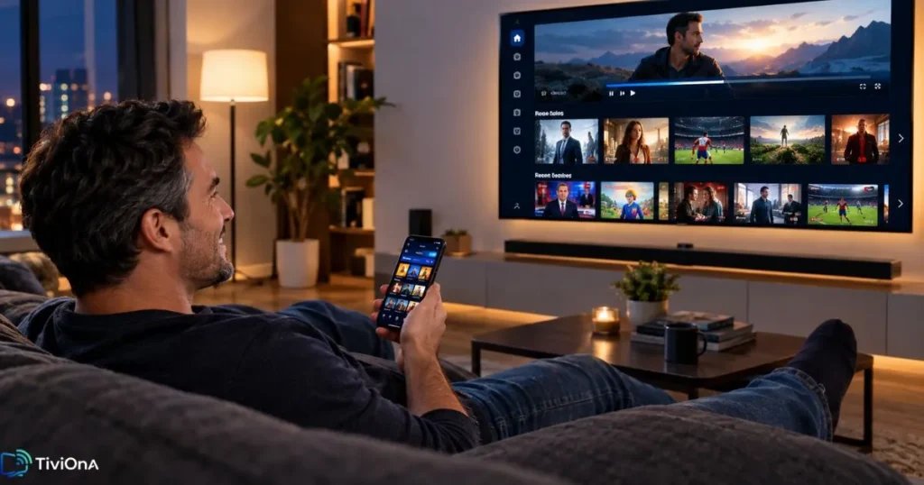 Homme regardant un programme IPTV en différé depuis son canapé, service IPTV sur grand écran