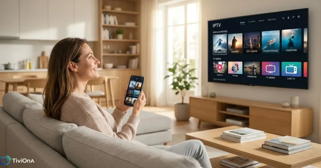 Test d'une source IPTV sur Smart TV et smartphone dans un salon moderne avant de choisir son abonnement