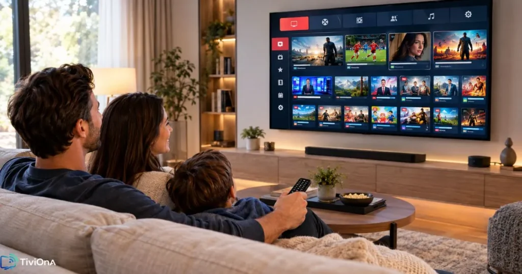 Famille regardant un abonnement IPTV français sur Smart TV dans un salon moderne