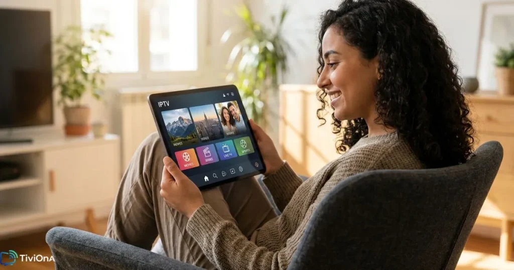 Femme testant un abonnement IPTV Maroc sur sa tablette depuis son domicile